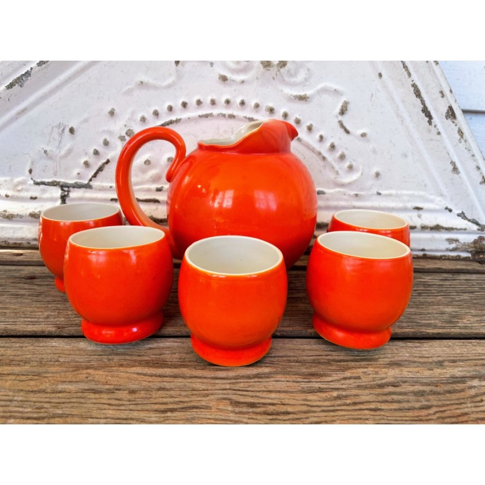 Vintage MCM 1960s Ceramic Orange Ball Pitcher With 5 Glasses set